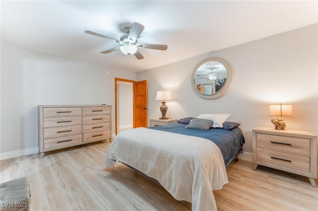 bedroom with ceiling fan and light wood-type flooring