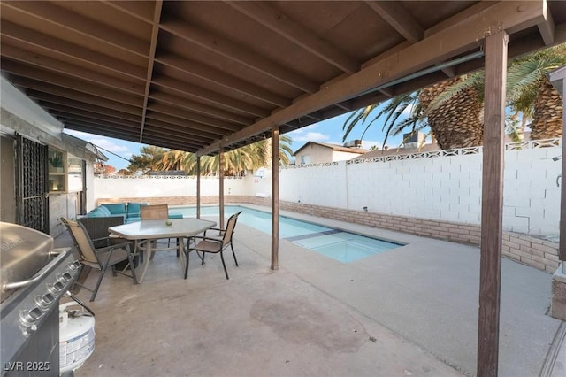 view of swimming pool featuring grilling area and a patio area