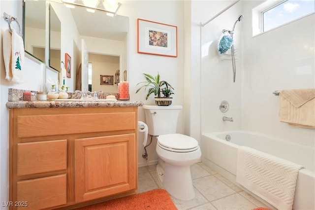 full bathroom featuring tile patterned flooring, vanity, bathtub / shower combination, and toilet