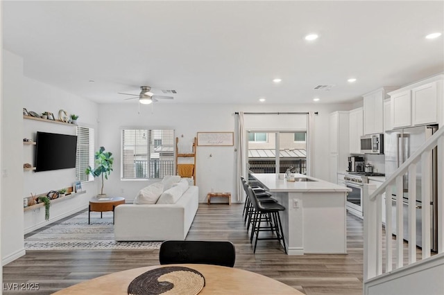 living room featuring sink, a healthy amount of sunlight, and dark hardwood / wood-style floors