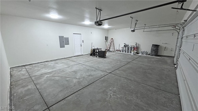 garage with electric panel and a garage door opener