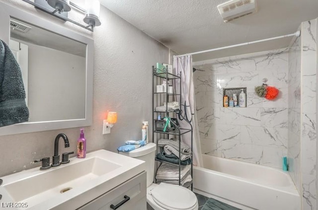 full bathroom with shower / bath combination with curtain, toilet, a textured ceiling, and vanity