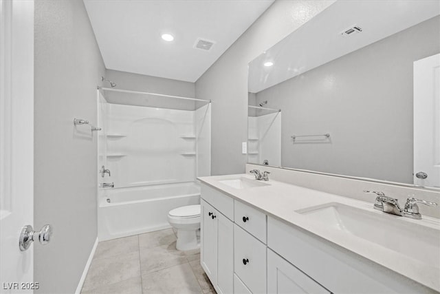 full bathroom featuring tile patterned floors, vanity, shower / bathtub combination, and toilet