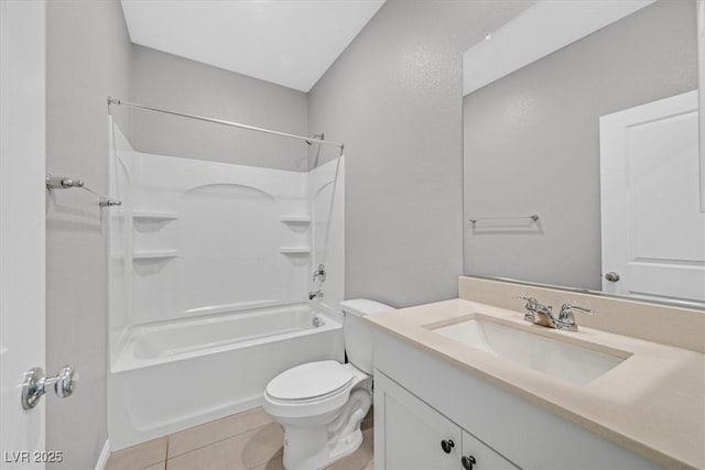 full bathroom featuring shower / tub combination, tile patterned flooring, vanity, and toilet