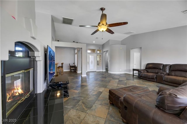 living room featuring ceiling fan