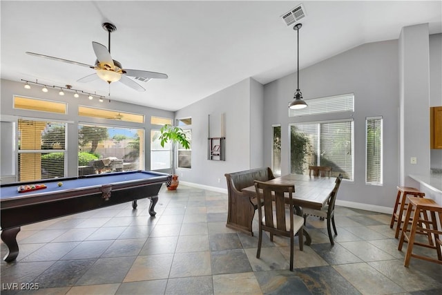 playroom featuring lofted ceiling, ceiling fan, a healthy amount of sunlight, and pool table