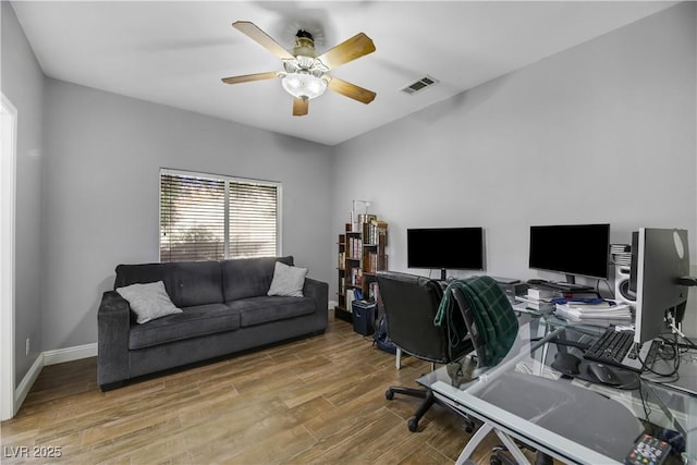 office area with hardwood / wood-style flooring and ceiling fan