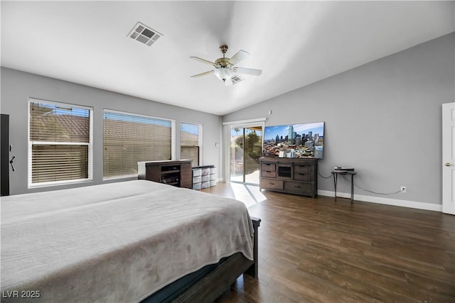 bedroom featuring access to outside, ceiling fan, dark wood-type flooring, and vaulted ceiling