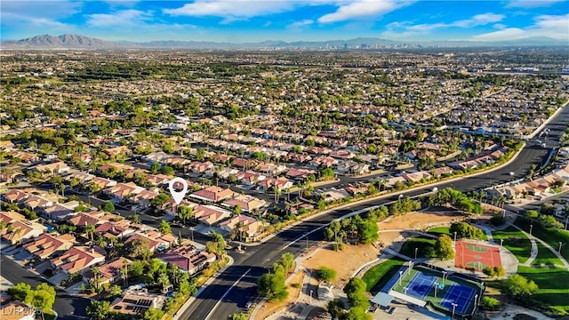 drone / aerial view featuring a mountain view