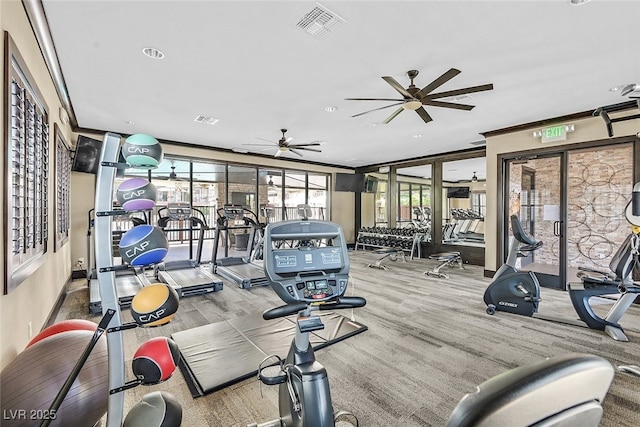 gym with ceiling fan and ornamental molding