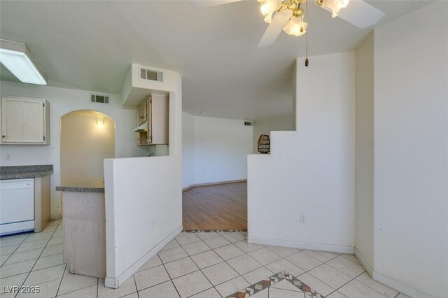 kitchen with ceiling fan, dishwasher, and light tile patterned flooring