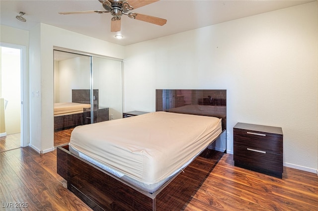 bedroom featuring ceiling fan, dark hardwood / wood-style floors, and a closet