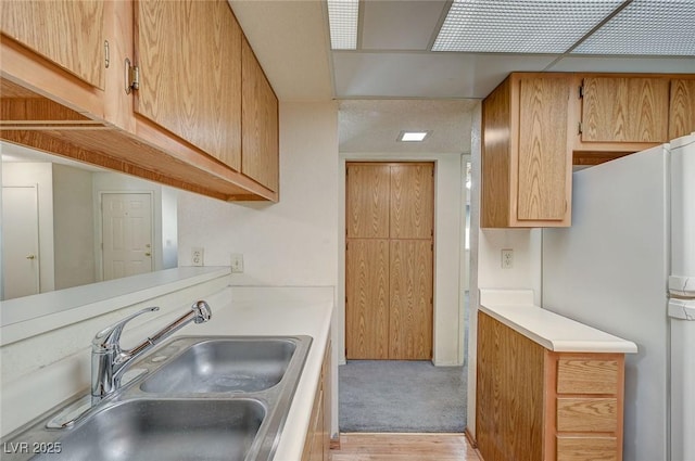 kitchen with white fridge, light wood-type flooring, and sink