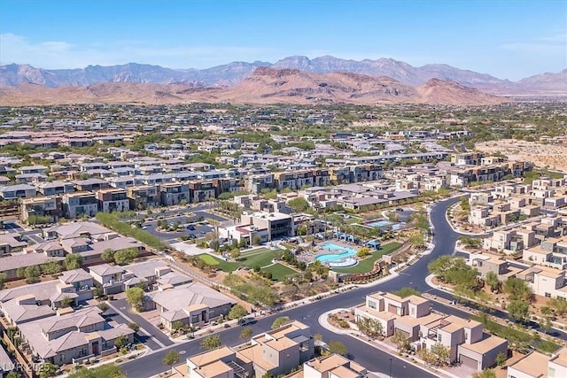 drone / aerial view featuring a mountain view