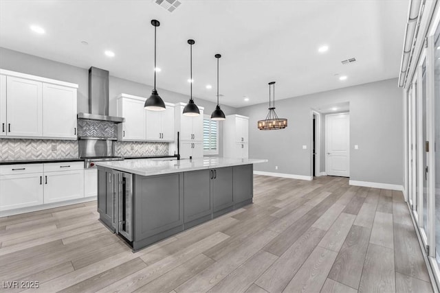 kitchen with wall chimney exhaust hood, decorative light fixtures, an island with sink, decorative backsplash, and white cabinets