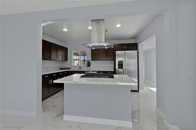 kitchen with dark brown cabinetry, sink, stainless steel refrigerator with ice dispenser, island range hood, and a kitchen island