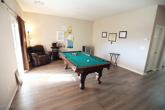 rec room with wood-type flooring and pool table