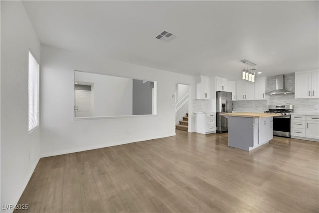 kitchen featuring a center island, wooden counters, white cabinets, wall chimney range hood, and appliances with stainless steel finishes