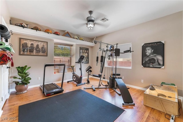 workout room with ceiling fan and hardwood / wood-style flooring