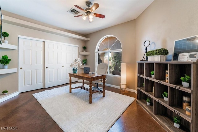 office area with ceiling fan