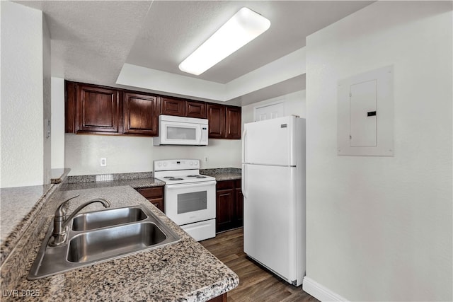 kitchen featuring white appliances, electric panel, sink, a textured ceiling, and dark hardwood / wood-style flooring