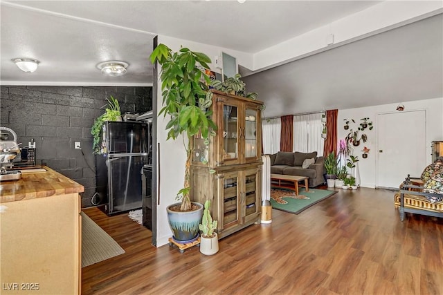 living room with dark hardwood / wood-style floors and vaulted ceiling