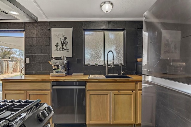 kitchen featuring wood counters, sink, and stainless steel appliances