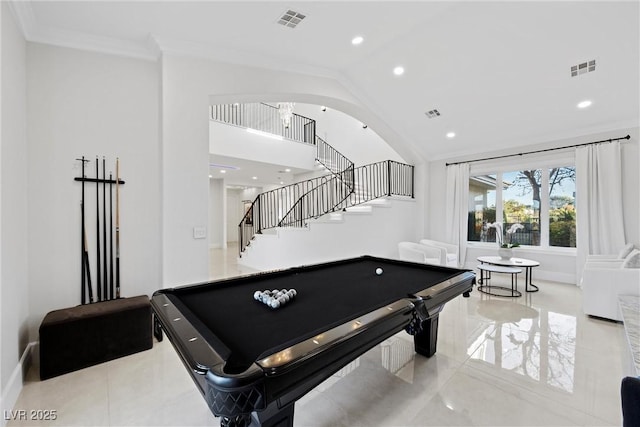 rec room featuring light tile patterned floors, lofted ceiling, crown molding, and billiards