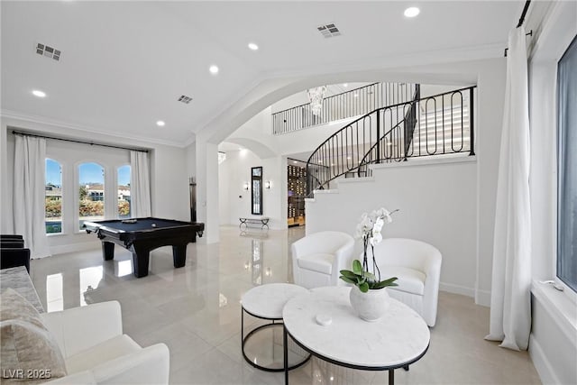 playroom featuring lofted ceiling, ornamental molding, and billiards