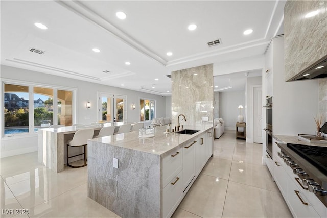 kitchen with a large island with sink, white cabinets, sink, a tray ceiling, and light stone counters