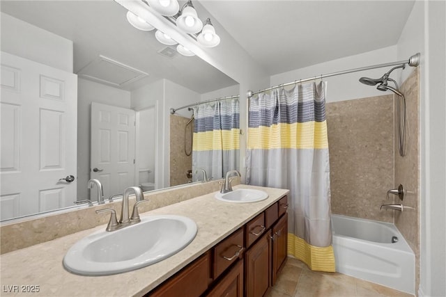 bathroom with tile patterned floors, vanity, and shower / tub combo