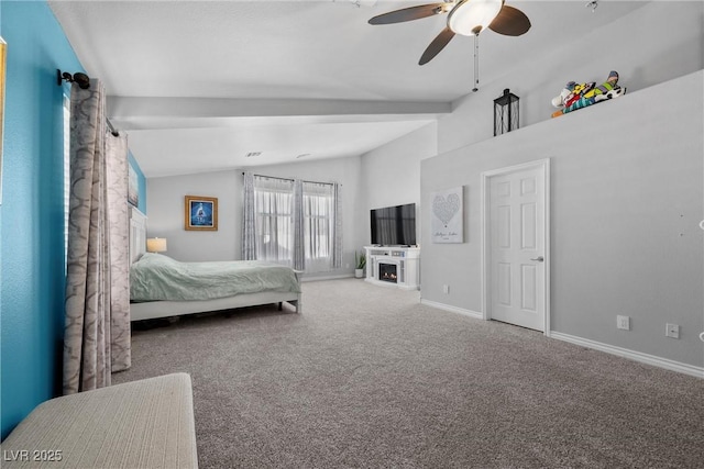 carpeted bedroom featuring ceiling fan and vaulted ceiling with beams