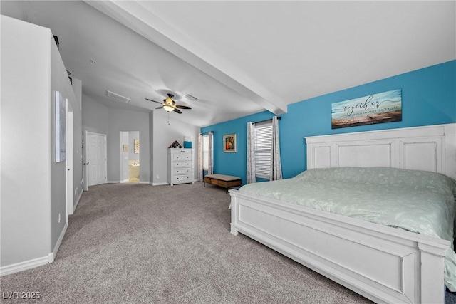 bedroom featuring ceiling fan, vaulted ceiling with beams, and carpet floors