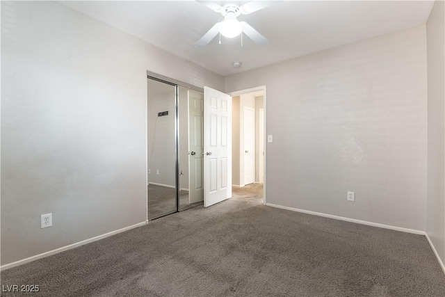 unfurnished bedroom featuring carpet flooring, ceiling fan, and a closet