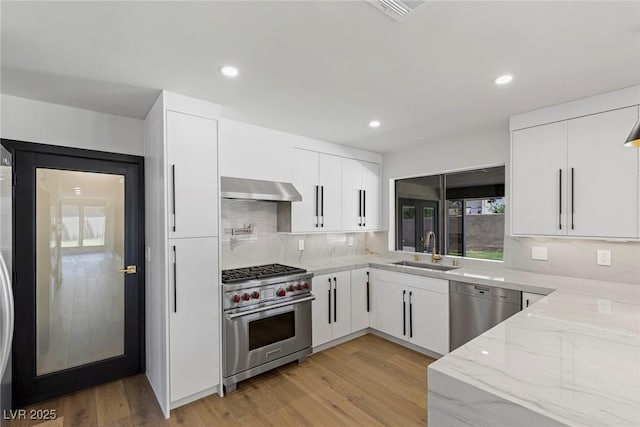 kitchen with appliances with stainless steel finishes, extractor fan, sink, and white cabinets