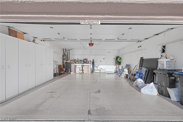 garage with water heater and a garage door opener