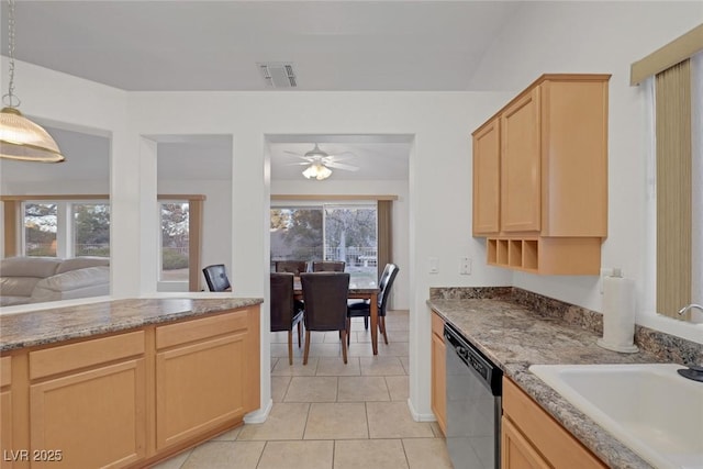 kitchen featuring dishwasher, sink, ceiling fan, light brown cabinetry, and light tile patterned flooring