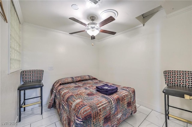 bedroom with ceiling fan and ornamental molding