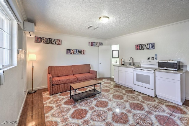 living room featuring a textured ceiling, ornamental molding, and sink