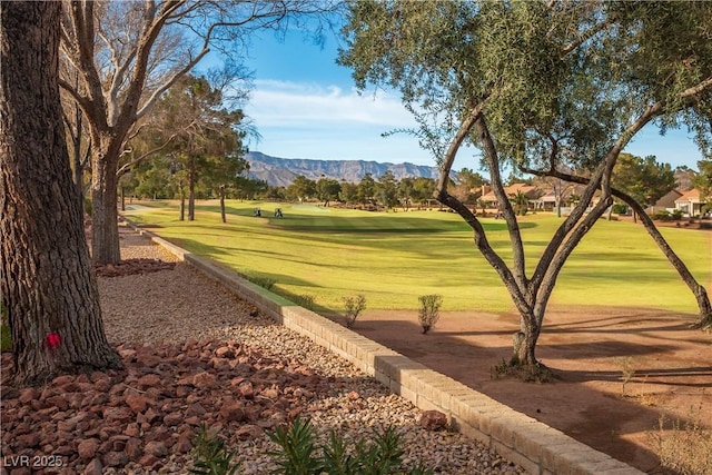 view of community featuring a lawn and a mountain view