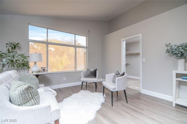 living area featuring lofted ceiling and light hardwood / wood-style flooring