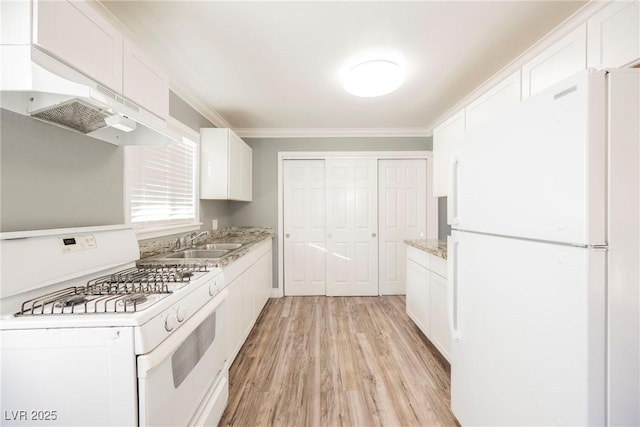 kitchen with white cabinets, white appliances, crown molding, and sink