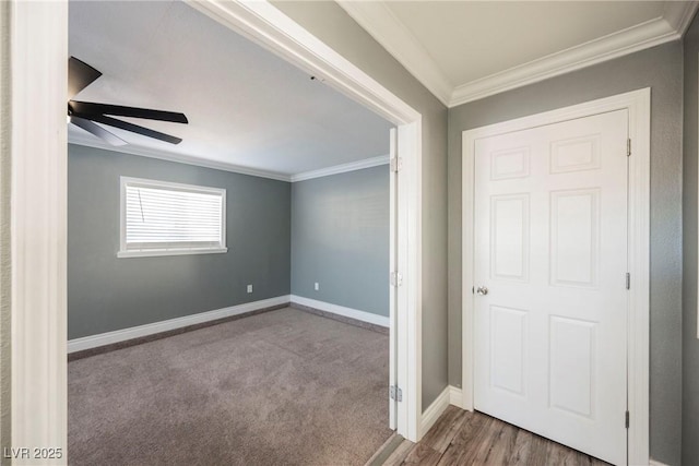 interior space with ceiling fan, carpet floors, and crown molding