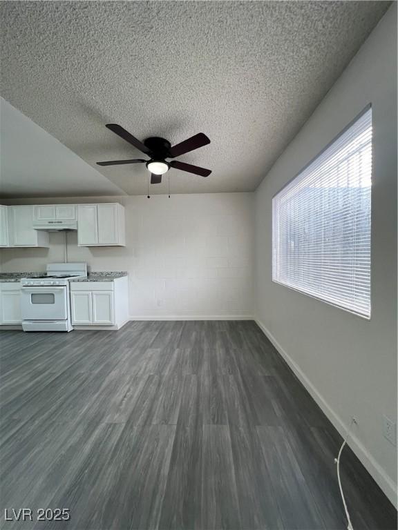 unfurnished living room with dark hardwood / wood-style floors, ceiling fan, and a textured ceiling