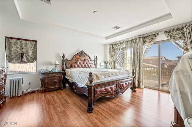 bedroom with multiple windows, radiator, a raised ceiling, and access to exterior