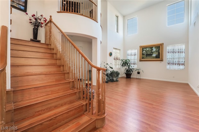 foyer entrance featuring hardwood / wood-style floors and a high ceiling