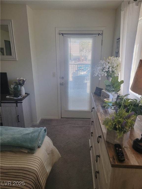 doorway to outside featuring dark colored carpet