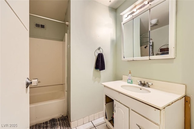 bathroom with tile patterned floors, visible vents, bathing tub / shower combination, and vanity