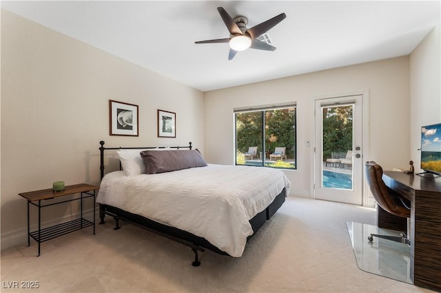 bedroom featuring access to exterior, light carpet, and ceiling fan