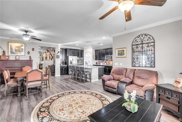 living room with hardwood / wood-style floors, crown molding, and sink